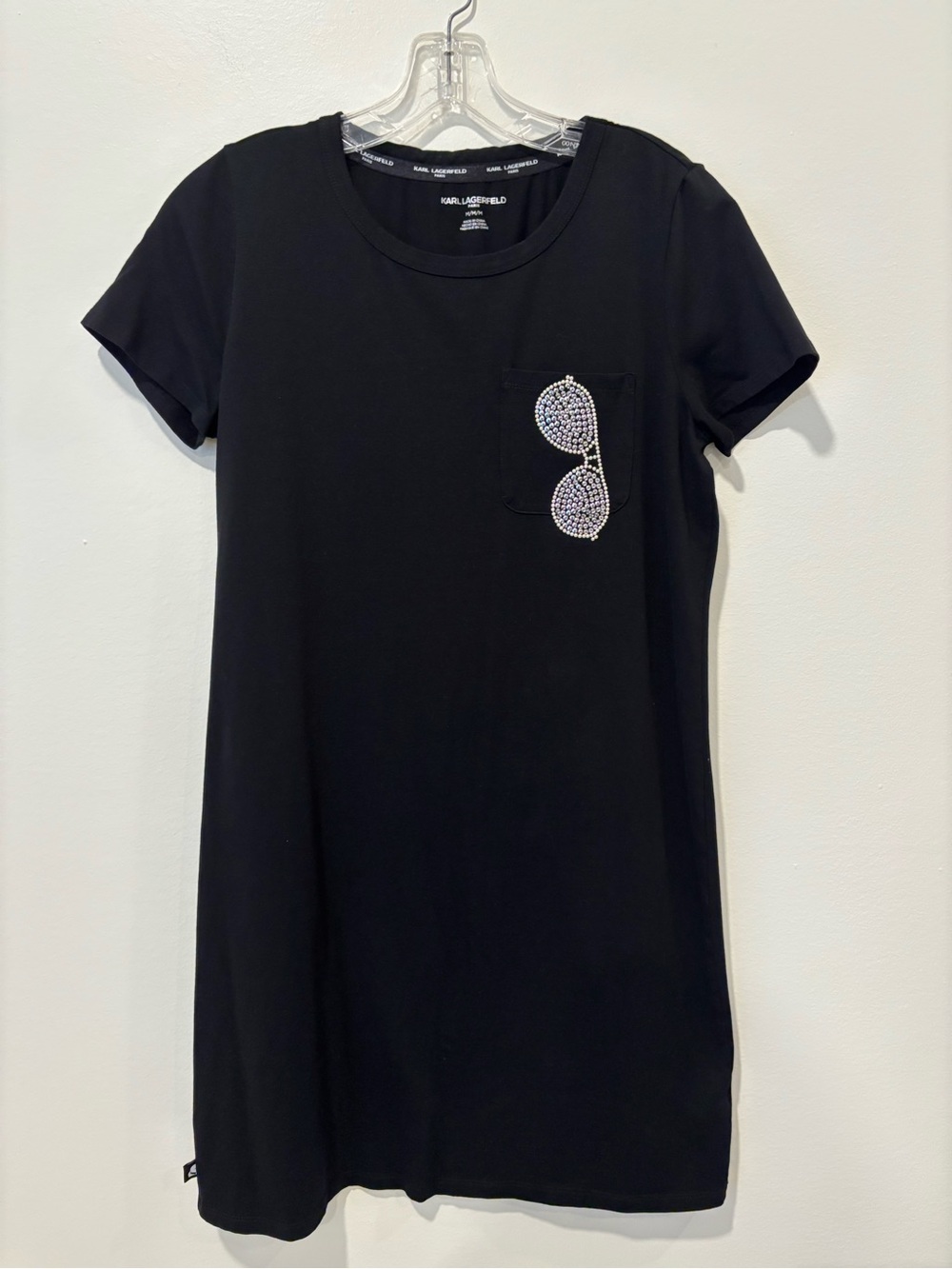 Karl Lagerfeld Women’s Black Rhinestone Sunglasses Pocket Tee Dress